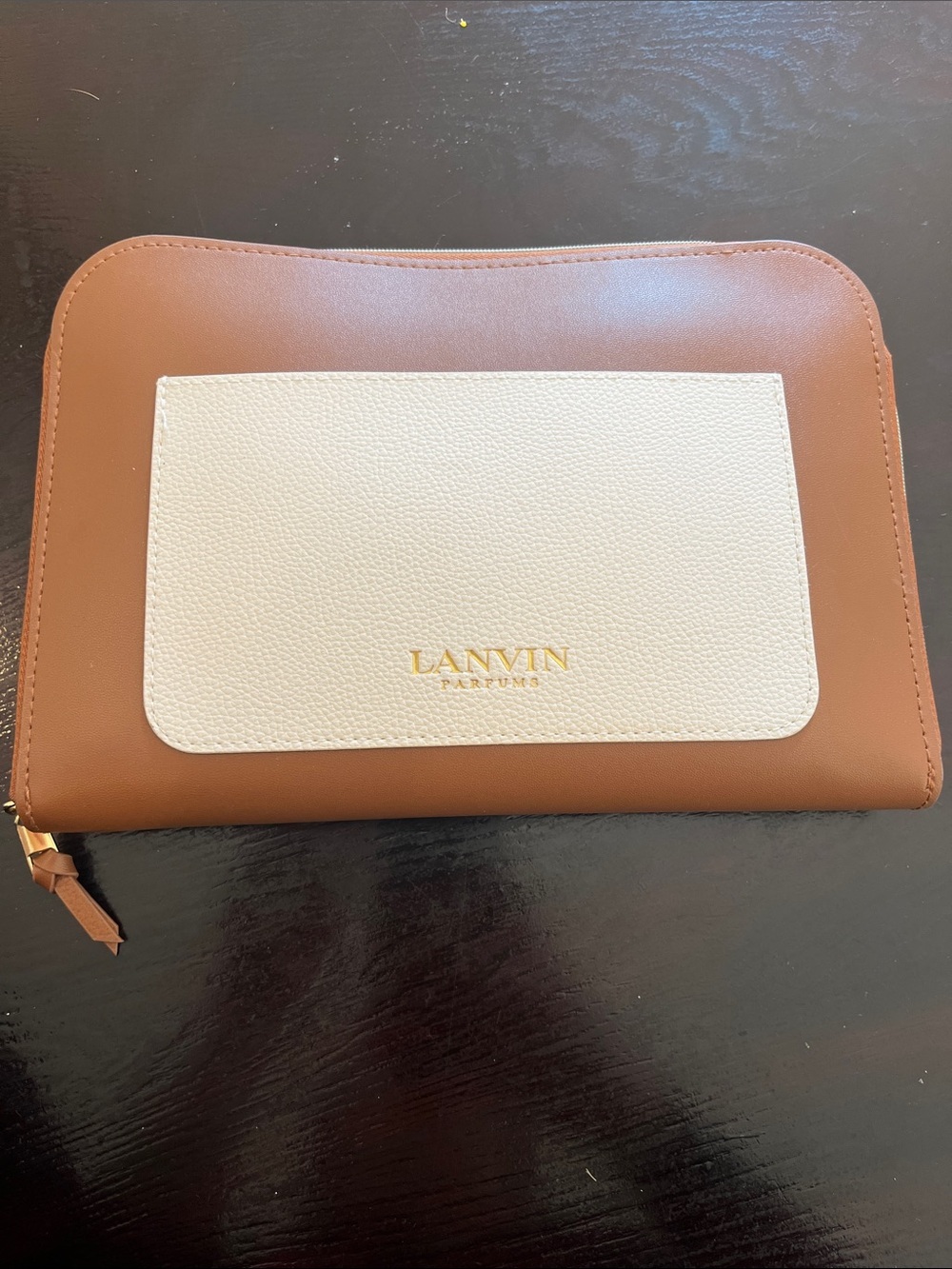 Lanvin Brown and Cream Zip Pouch with Gold Logo